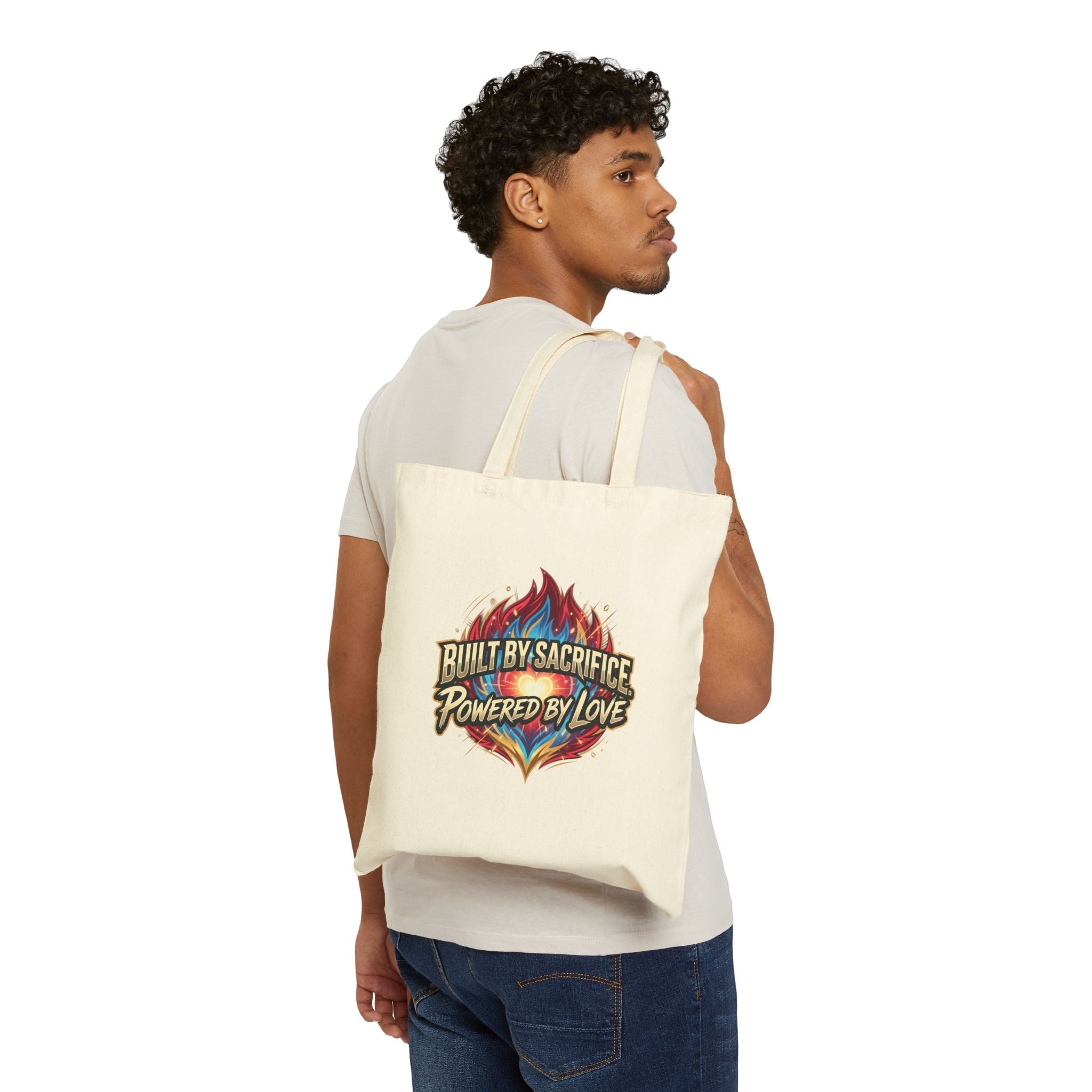 Built by Sacrifice, Powered by Love Tote Bag — Inspirational Canvas Grocery Tote