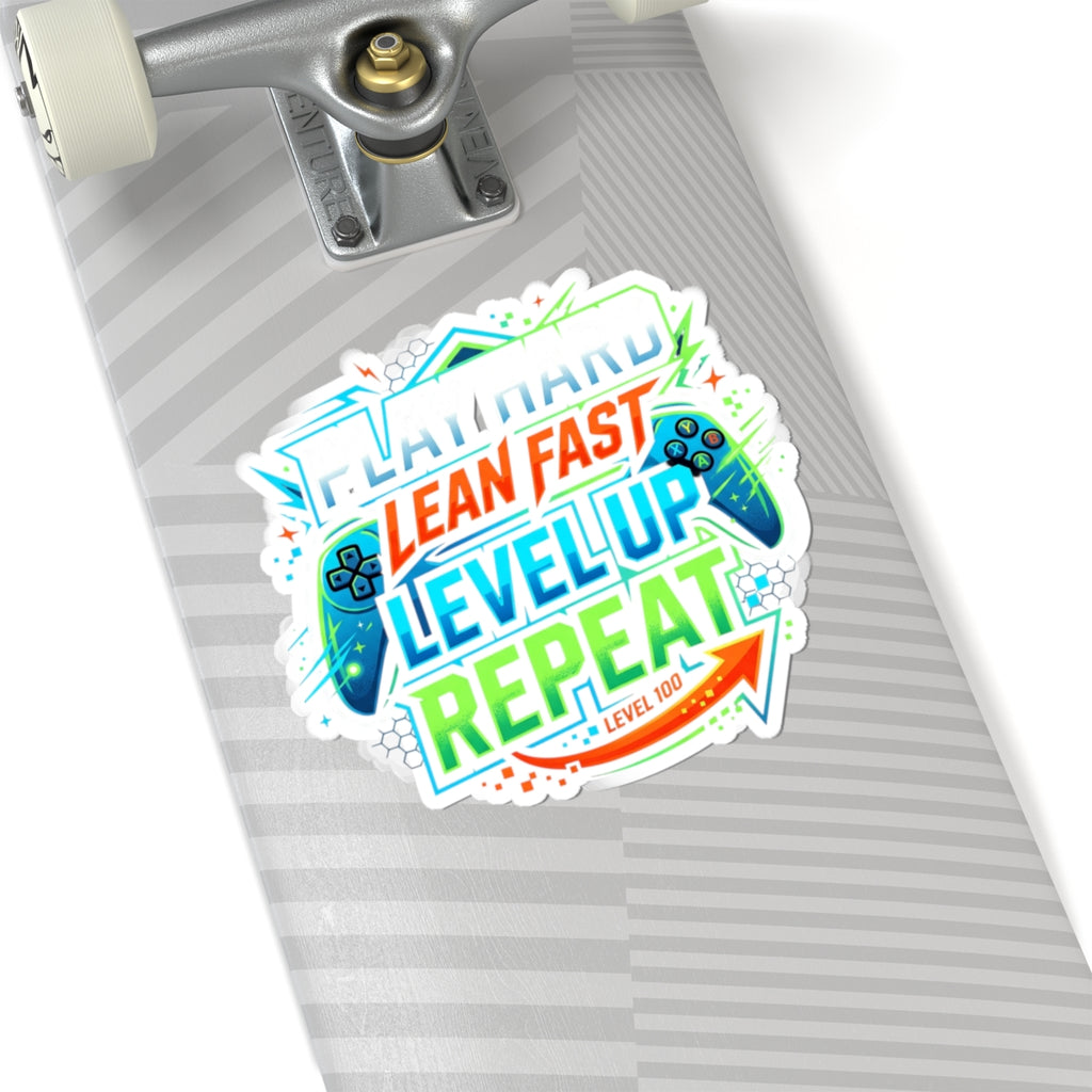 Gaming Sticker — "Play Hard, Lean Fast, Level Up, Repeat" Kiss-Cut Decal