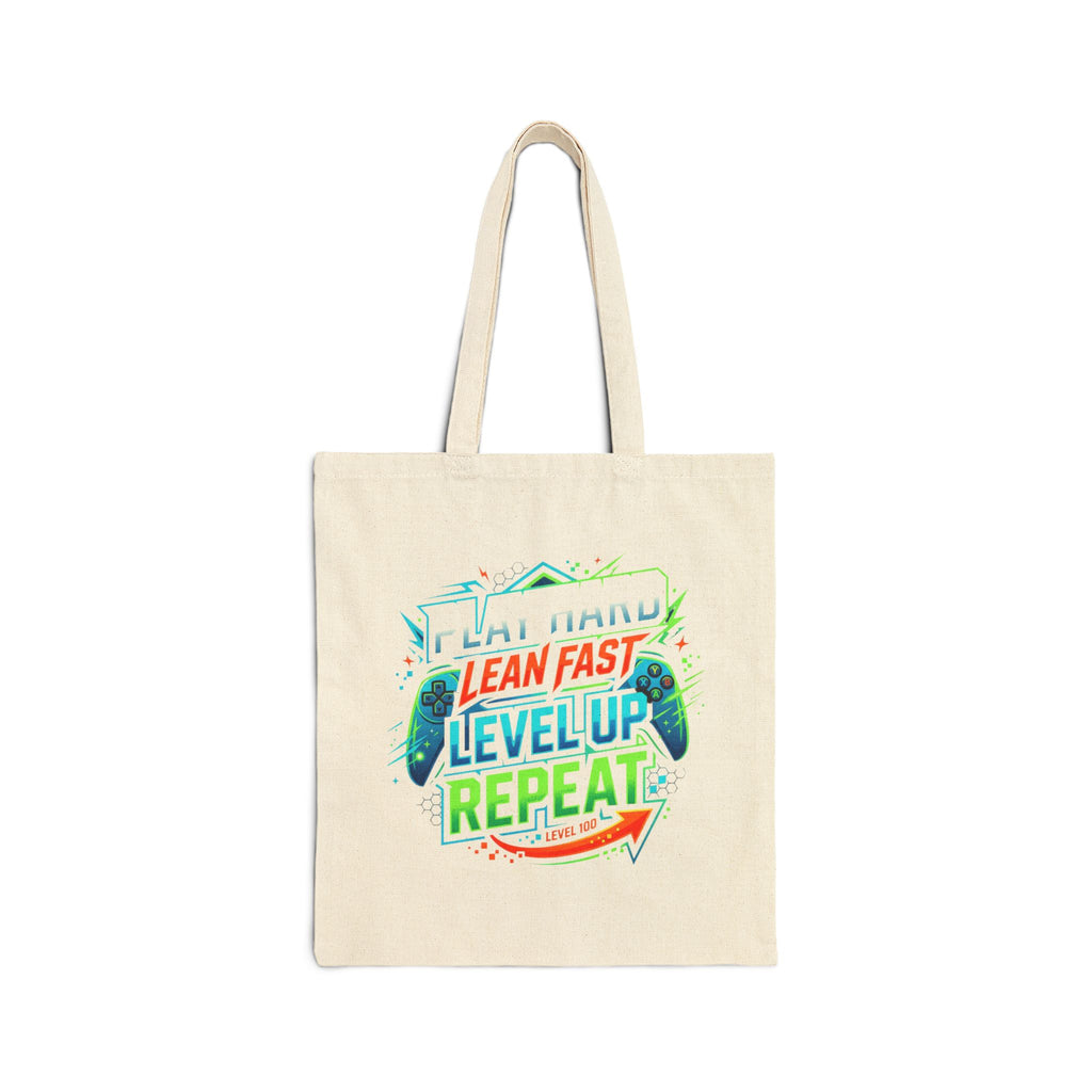 Tote Bag — "Eat Hard, Lean Fast, Level Up, Repeat" Gamer Canvas Tote