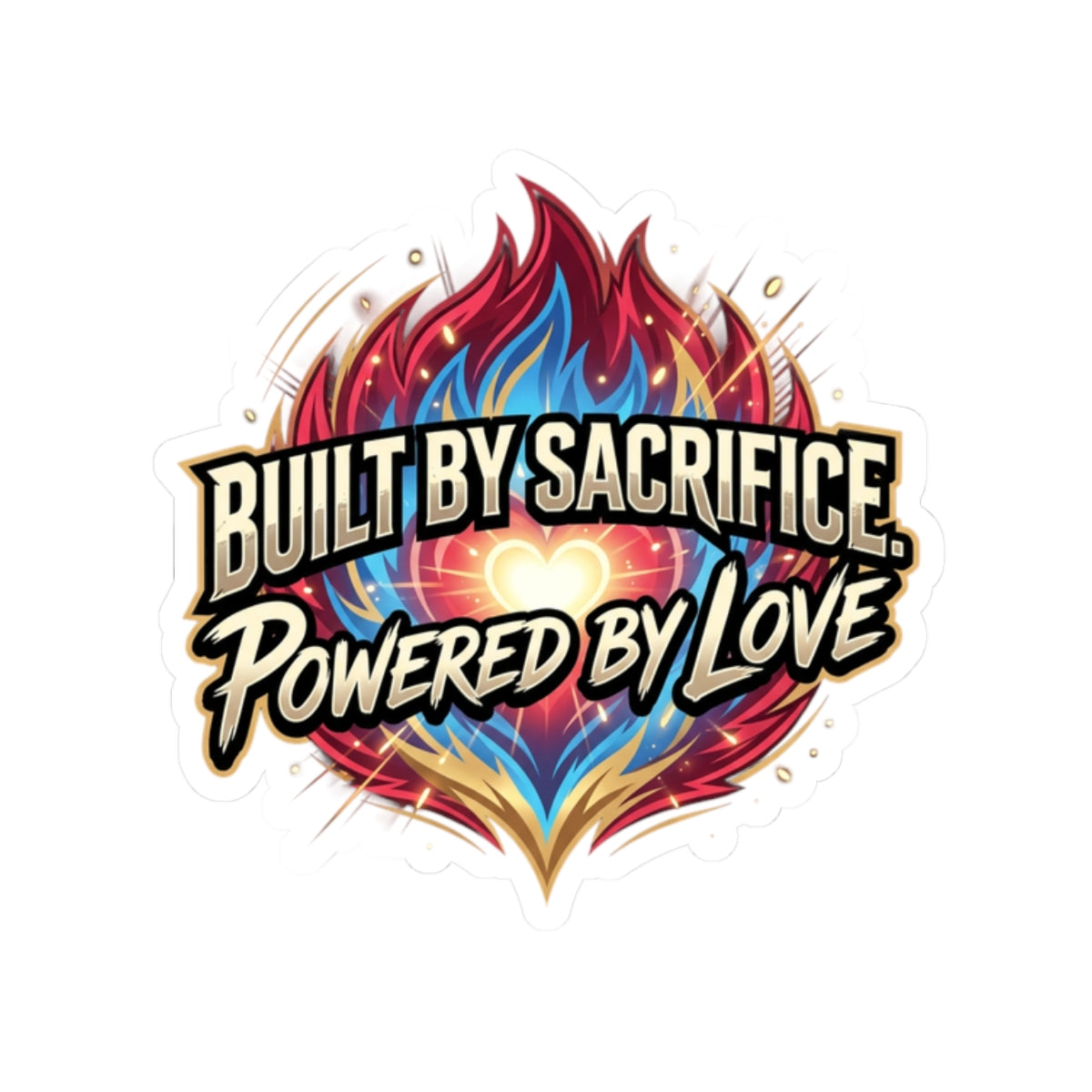 Kiss-Cut Stickers — "Built by Sacrifice, Powered by Love" Flame Heart Decal