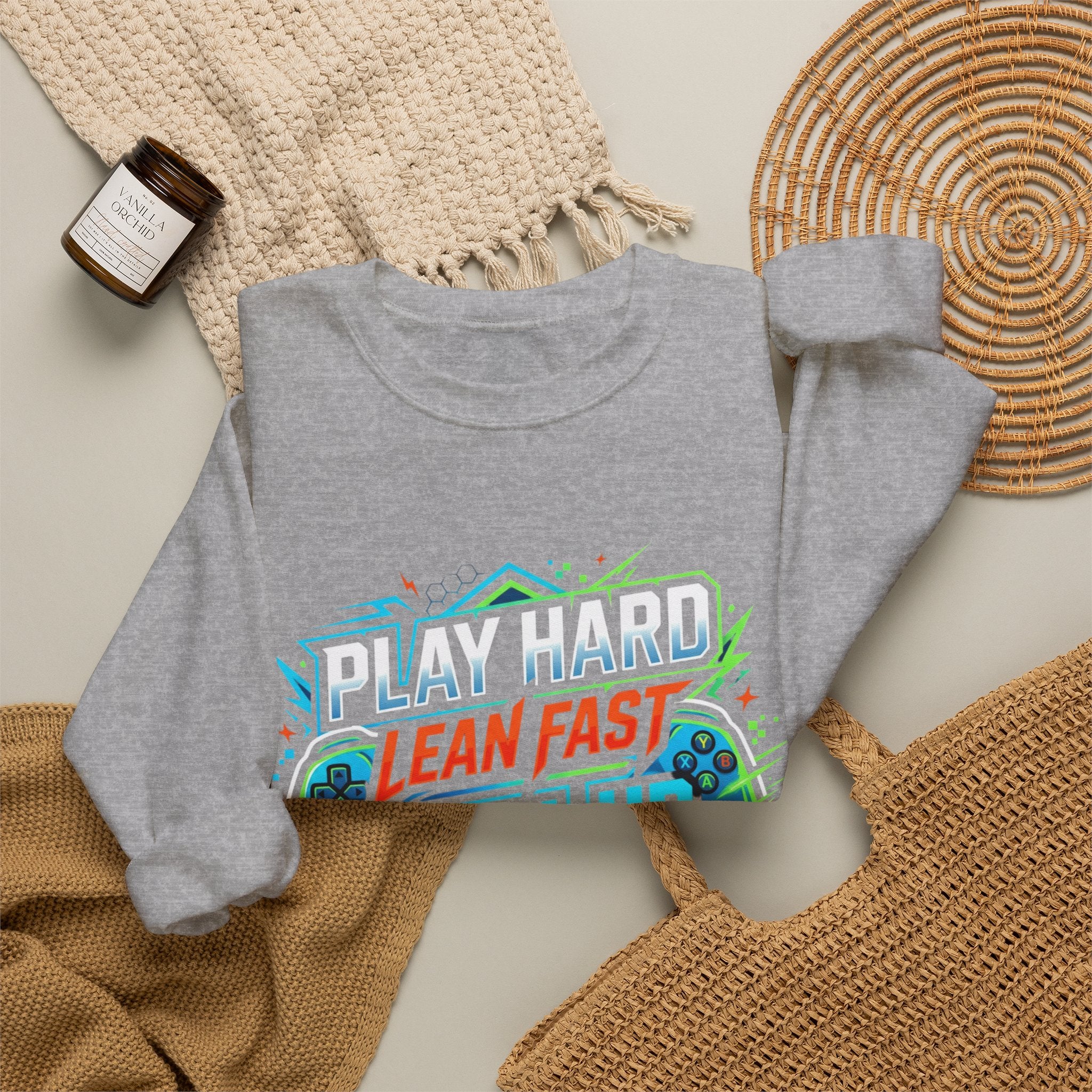 Crewneck Sweatshirt - Play Hard Lean Fast Level Up Repeat Gamer Graphic