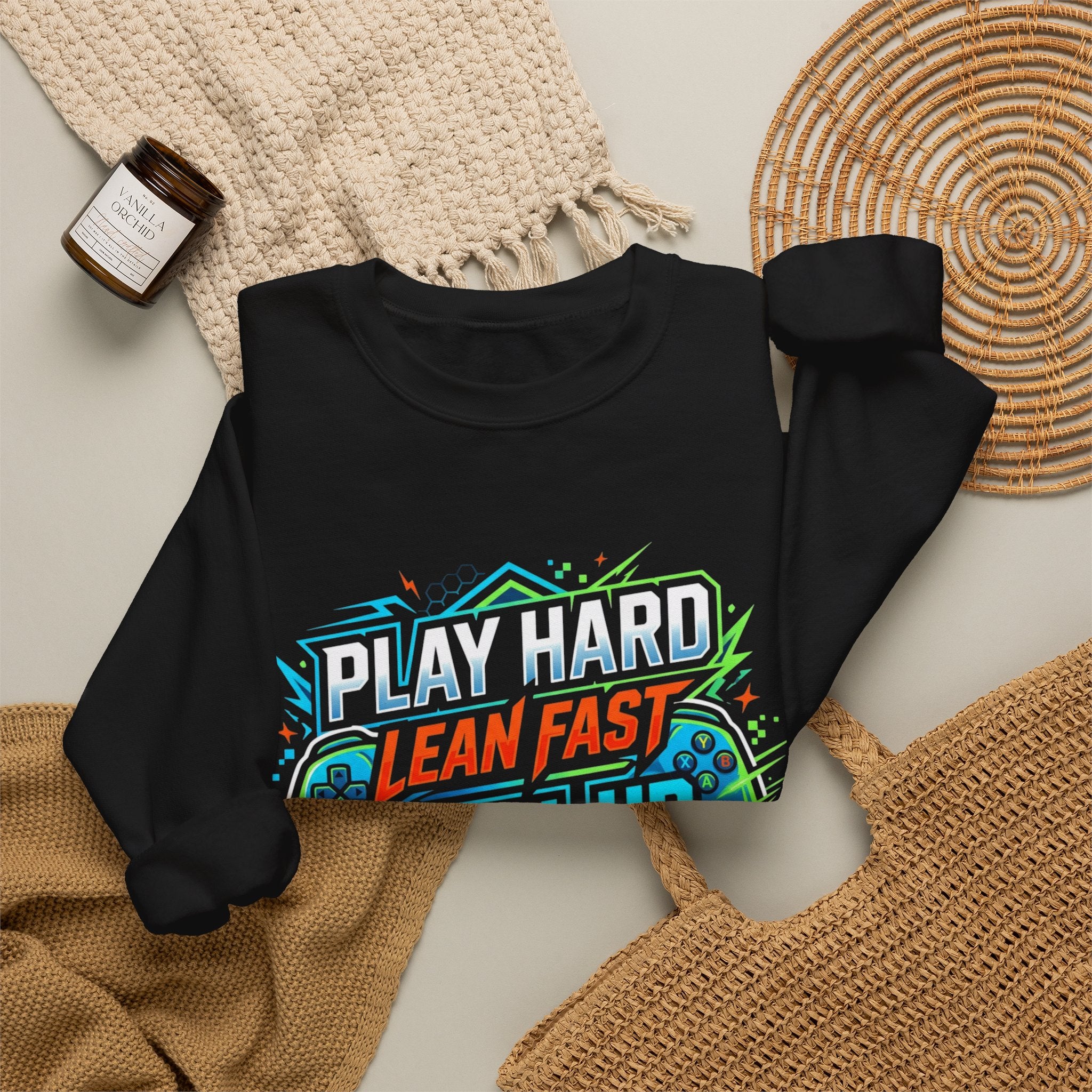 Crewneck Sweatshirt - Play Hard Lean Fast Level Up Repeat Gamer Graphic