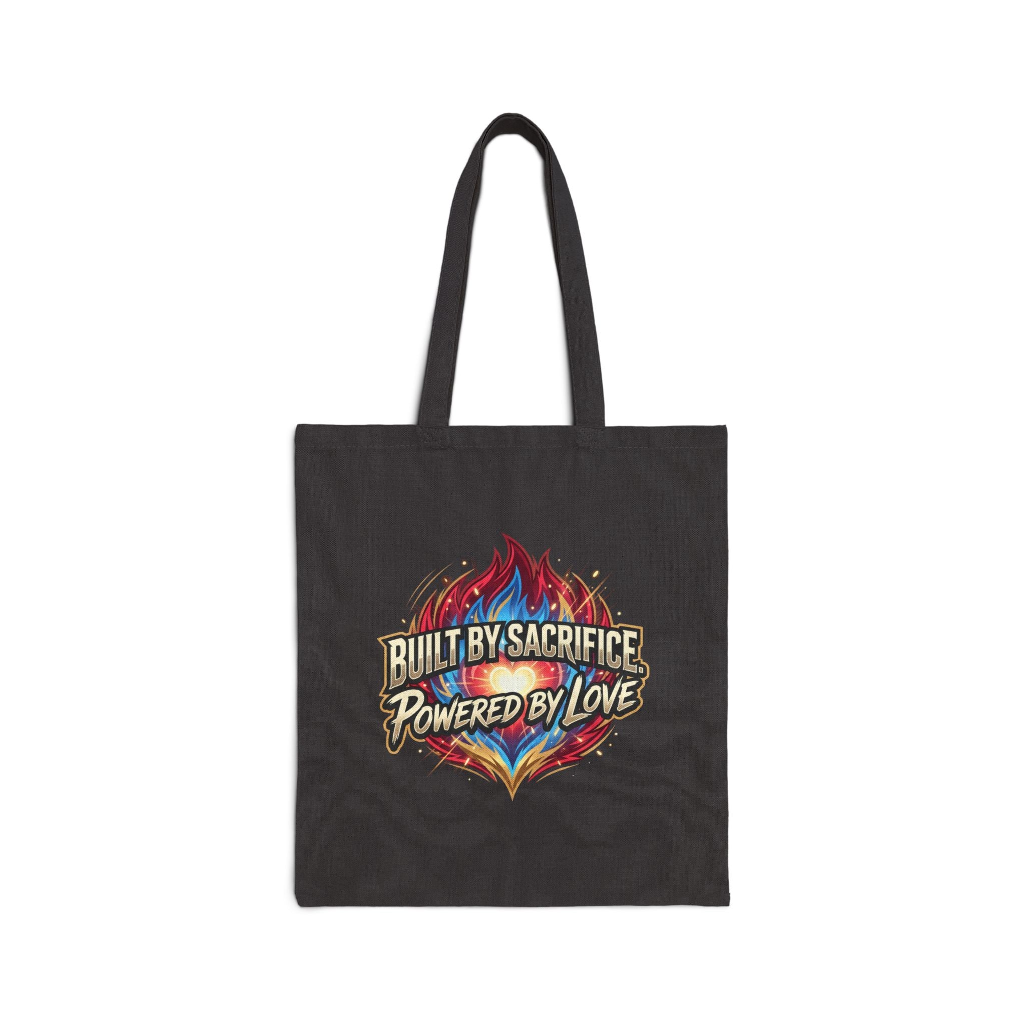 Built by Sacrifice, Powered by Love Tote Bag — Inspirational Canvas Grocery Tote