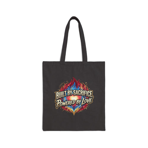 Built by Sacrifice, Powered by Love Tote Bag — Inspirational Canvas Grocery Tote