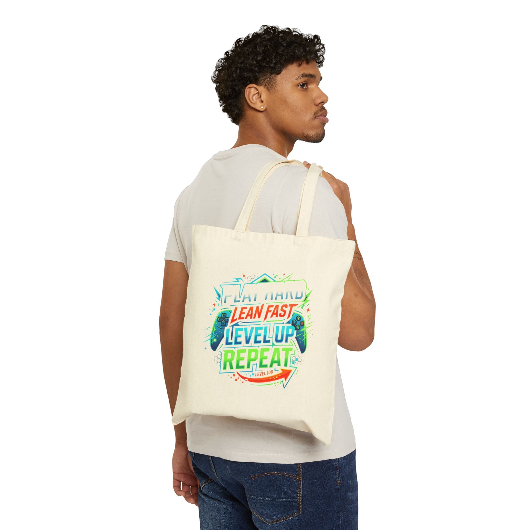 Tote Bag — "Eat Hard, Lean Fast, Level Up, Repeat" Gamer Canvas Tote