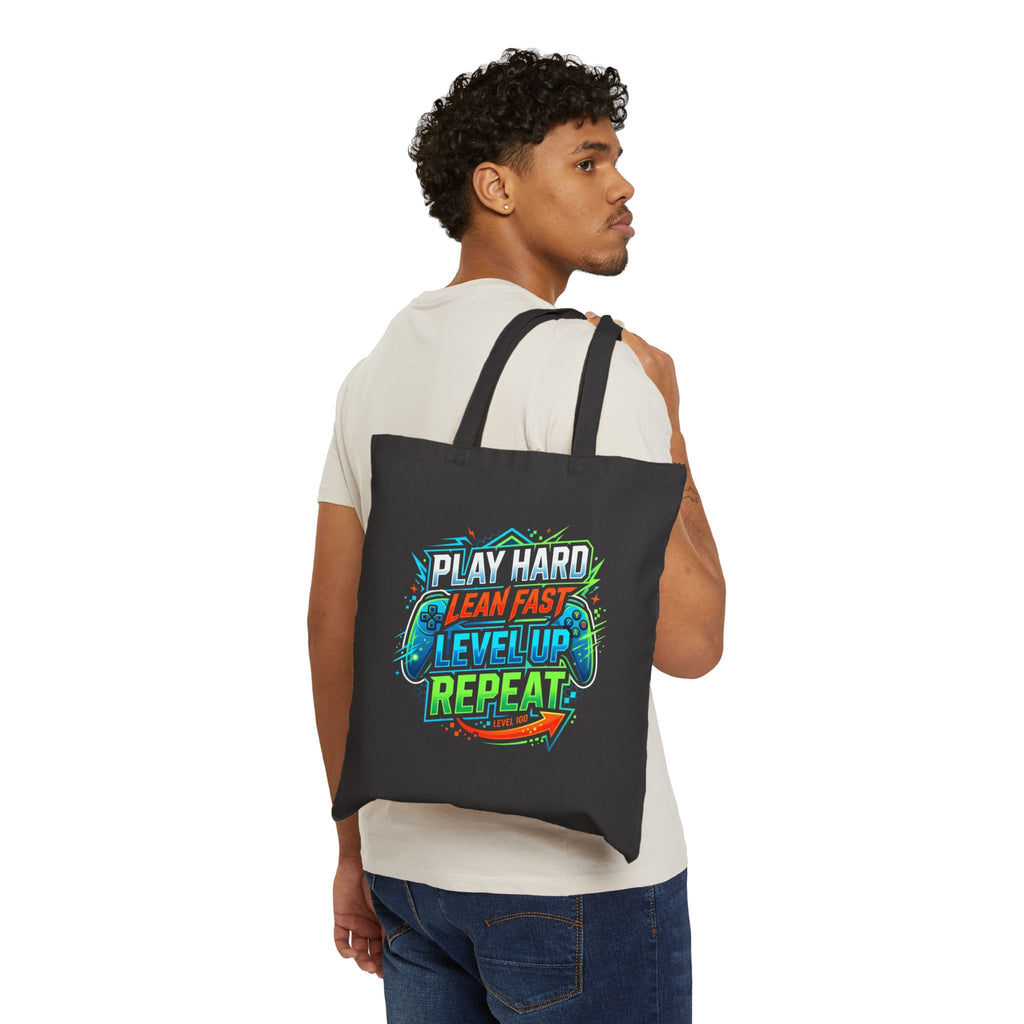 Tote Bag — "Eat Hard, Lean Fast, Level Up, Repeat" Gamer Canvas Tote