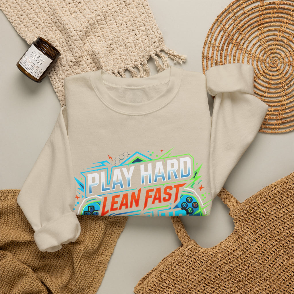 Crewneck Sweatshirt - Play Hard Lean Fast Level Up Repeat Gamer Graphic