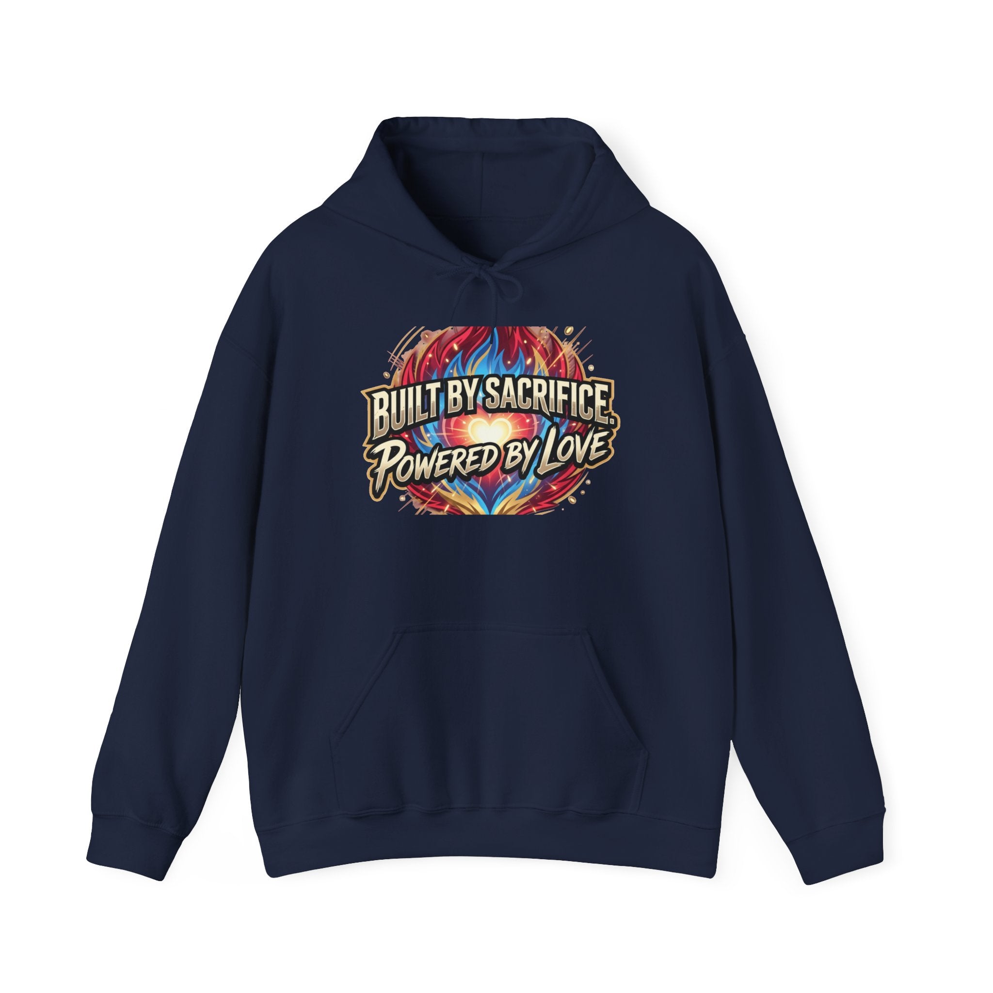 Hoodie — "Built by Sacrifice, Powered by Love" Colorful Inspirational Pullover