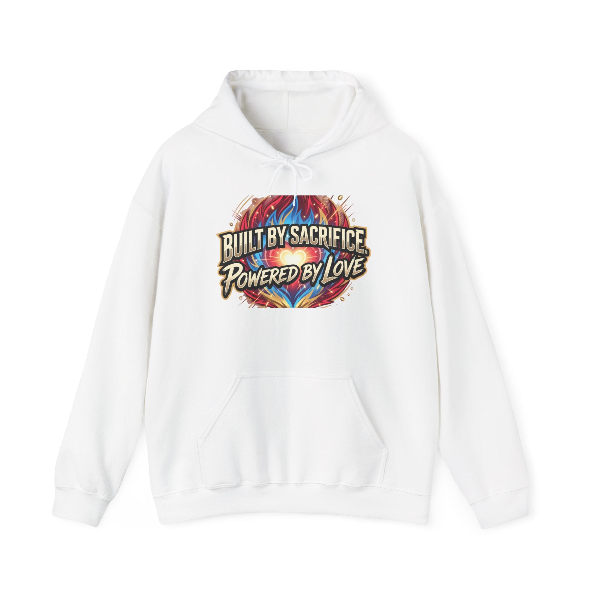 Hoodie — "Built by Sacrifice, Powered by Love" Colorful Inspirational Pullover
