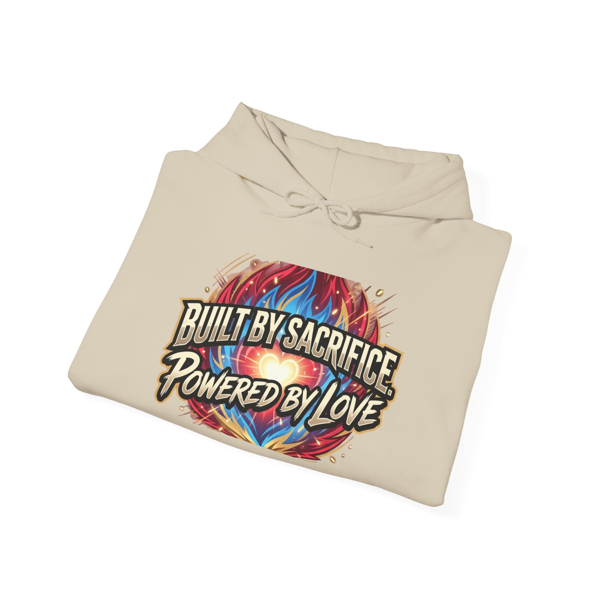 Hoodie — "Built by Sacrifice, Powered by Love" Colorful Inspirational Pullover
