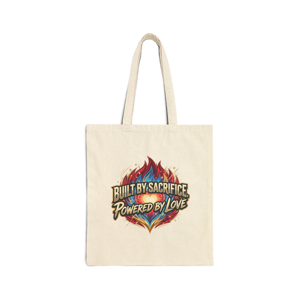 Built by Sacrifice, Powered by Love Tote Bag — Inspirational Canvas Grocery Tote