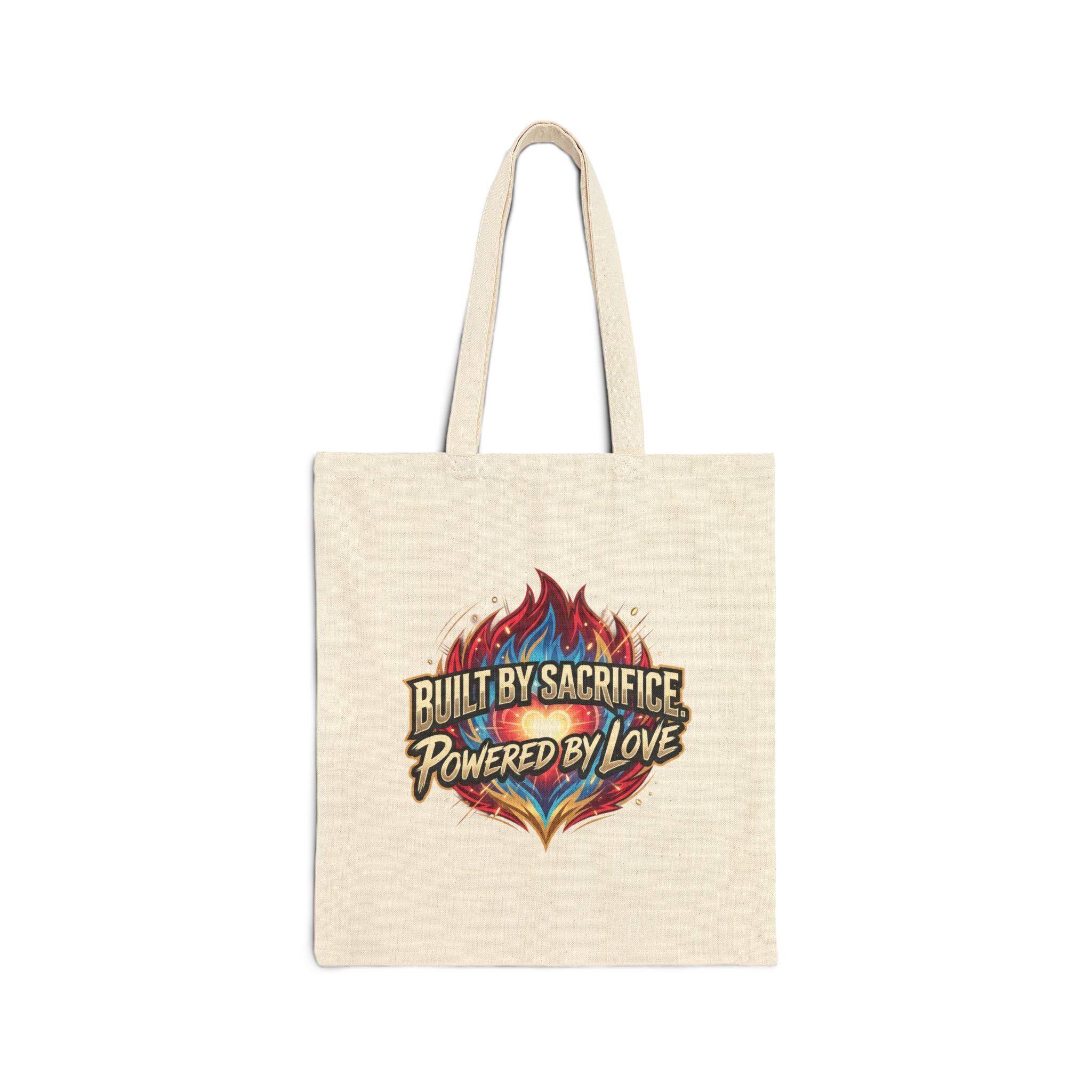 Built by Sacrifice, Powered by Love Tote Bag — Inspirational Canvas Grocery Tote