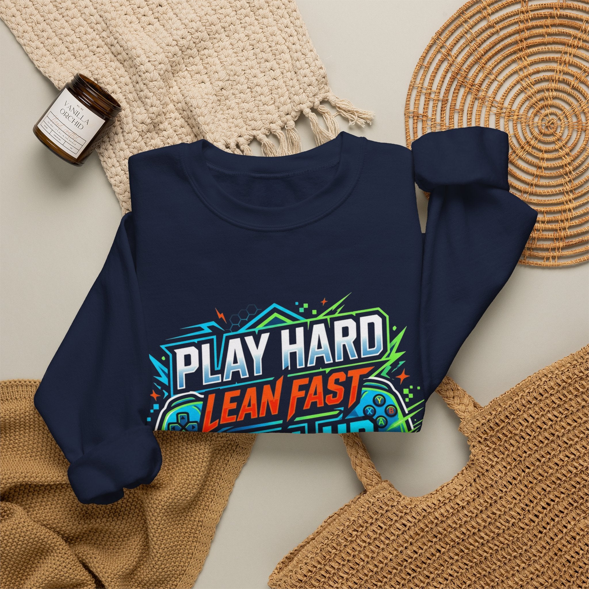 Crewneck Sweatshirt - Play Hard Lean Fast Level Up Repeat Gamer Graphic