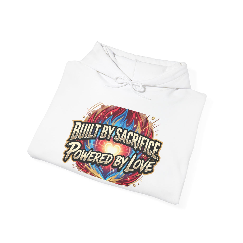 Hoodie — "Built by Sacrifice, Powered by Love" Colorful Inspirational Pullover